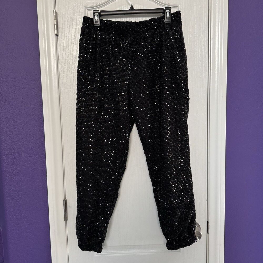 Serra Black Sequin Pull On Jogger Pants Pockets Holiday Size Medium Worn 1X